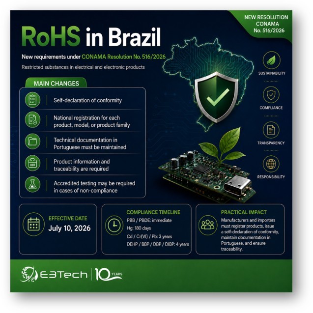 Infographic: RoHS in Brazil - CONAMA Resolution No. 516/2026 hazardous substance restrictions for electronics